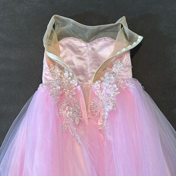 Girls Pink Formal Party Flower Girl Dress High Low Zip Back Beaded Bodice Size 3 - Picture 6 of 9